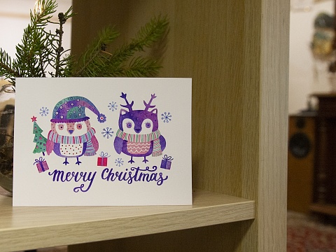 Рождественская открытка с совами